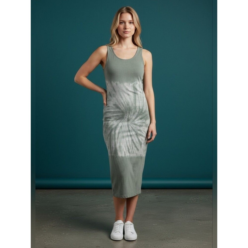 Sleeveless Tie-Dye Tank Midi Dress in Sage Green